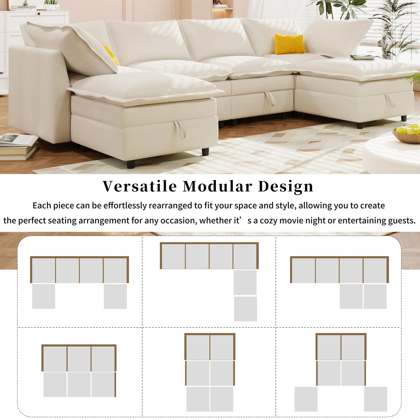 Cream modular sectional sofa with plush cushions perfect for a modern living room setup