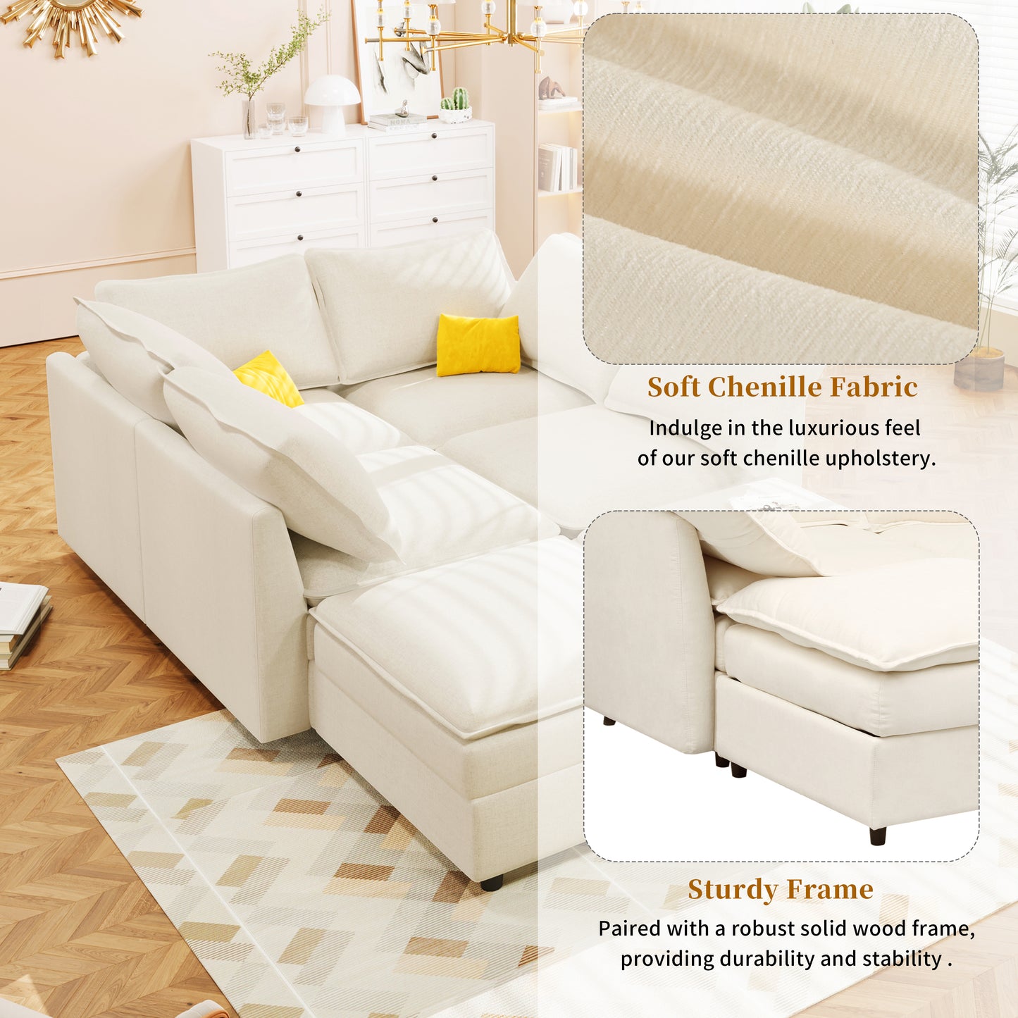 Cream sectional sofa with plush chenille upholstery and a contemporary design