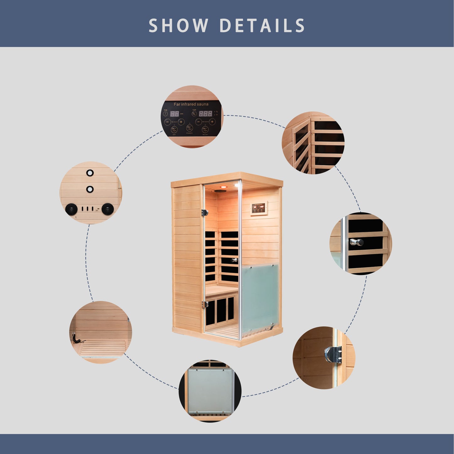 Wooden infrared sauna cabin with glass door and digital control panel for home use