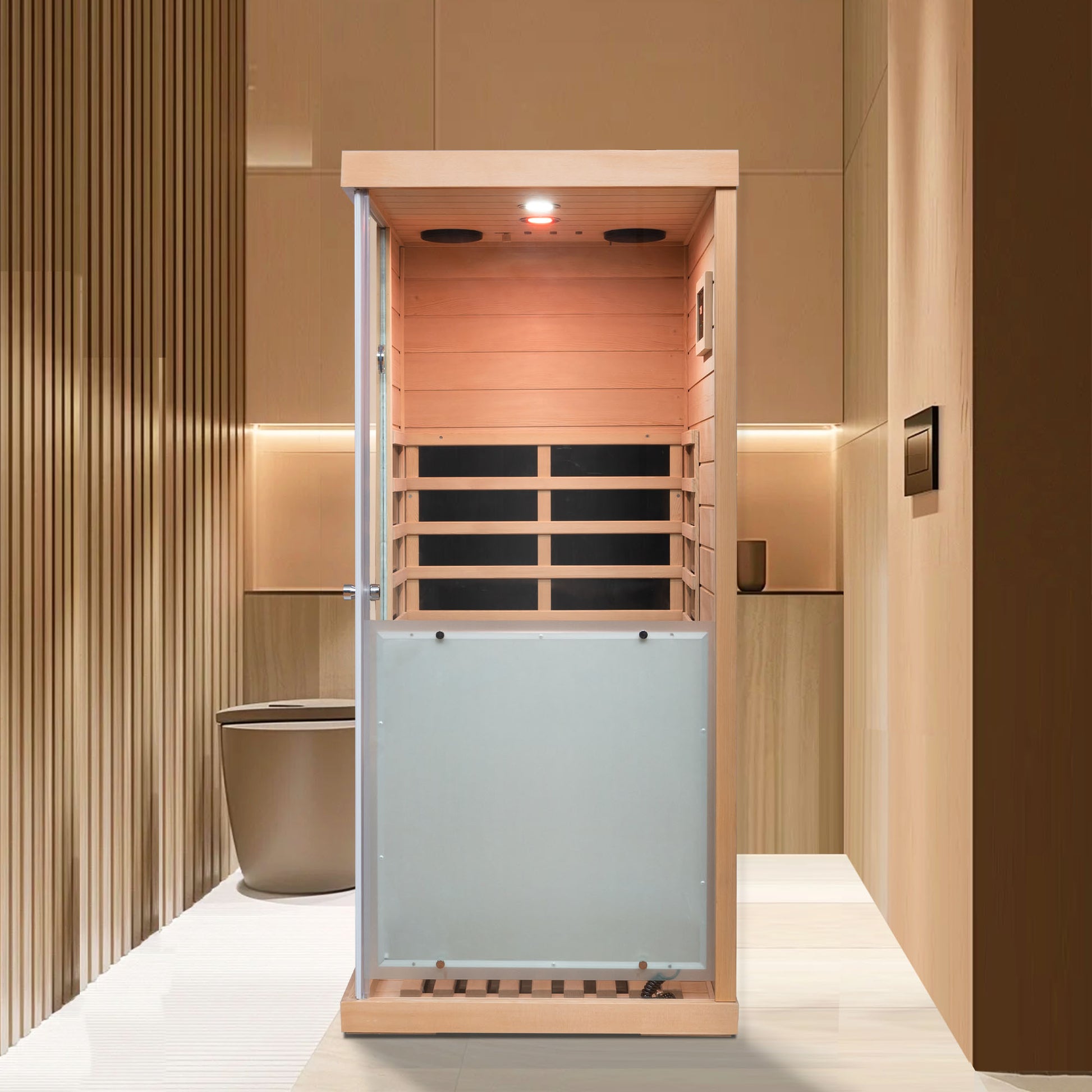 Compact wooden infrared sauna cabin with glass door for home use
