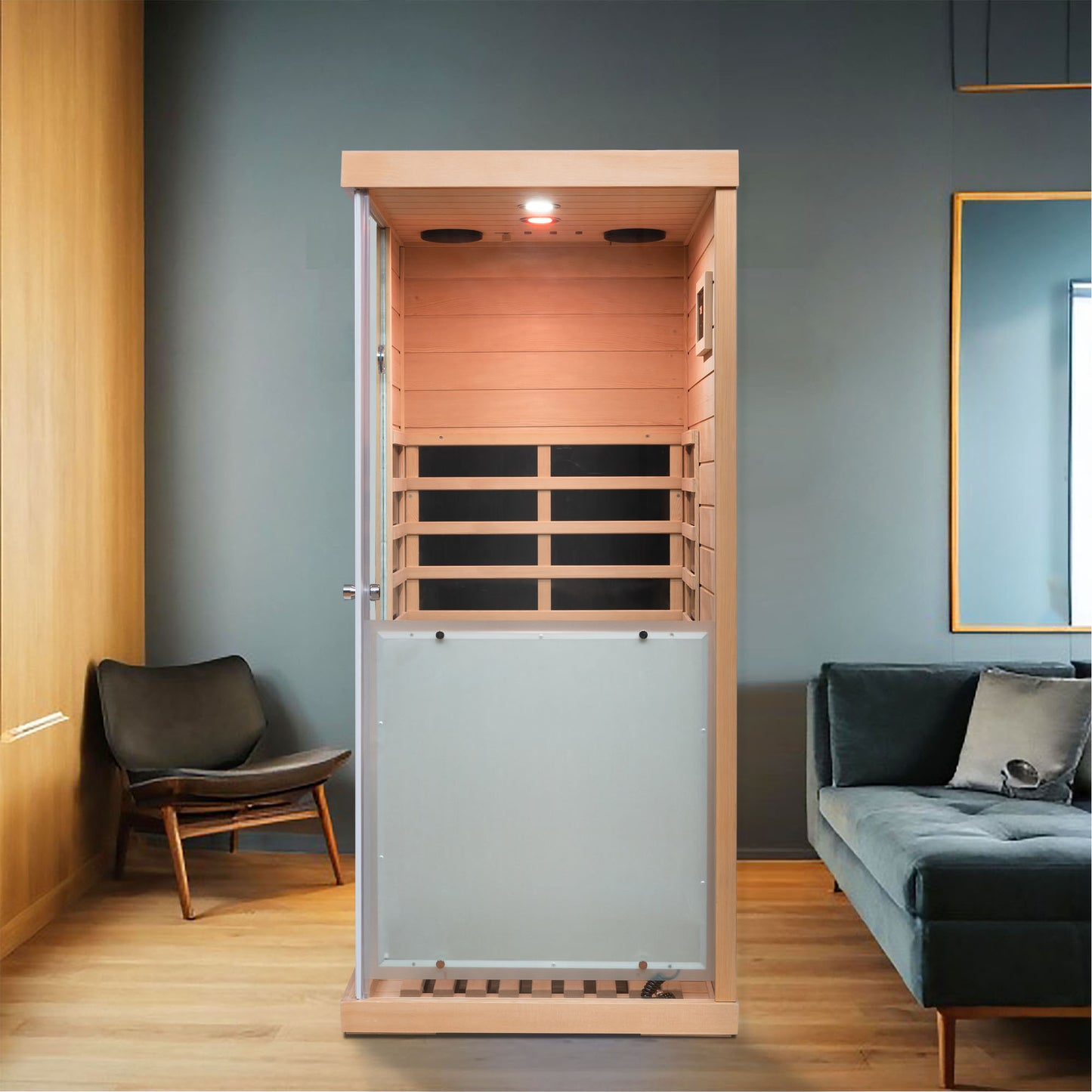 Wooden infrared sauna cabin with glass door and interior heating elements