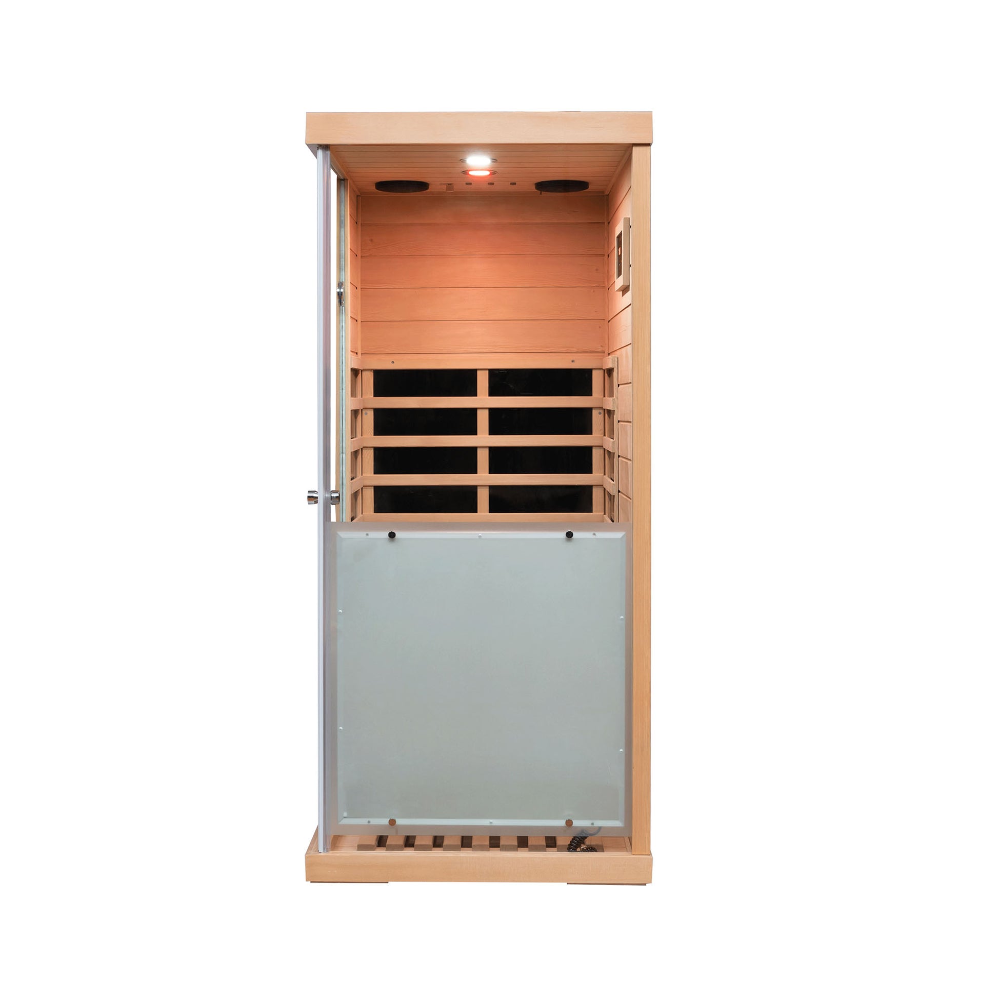 Compact infrared sauna cabin with natural wood interior and frosted glass door