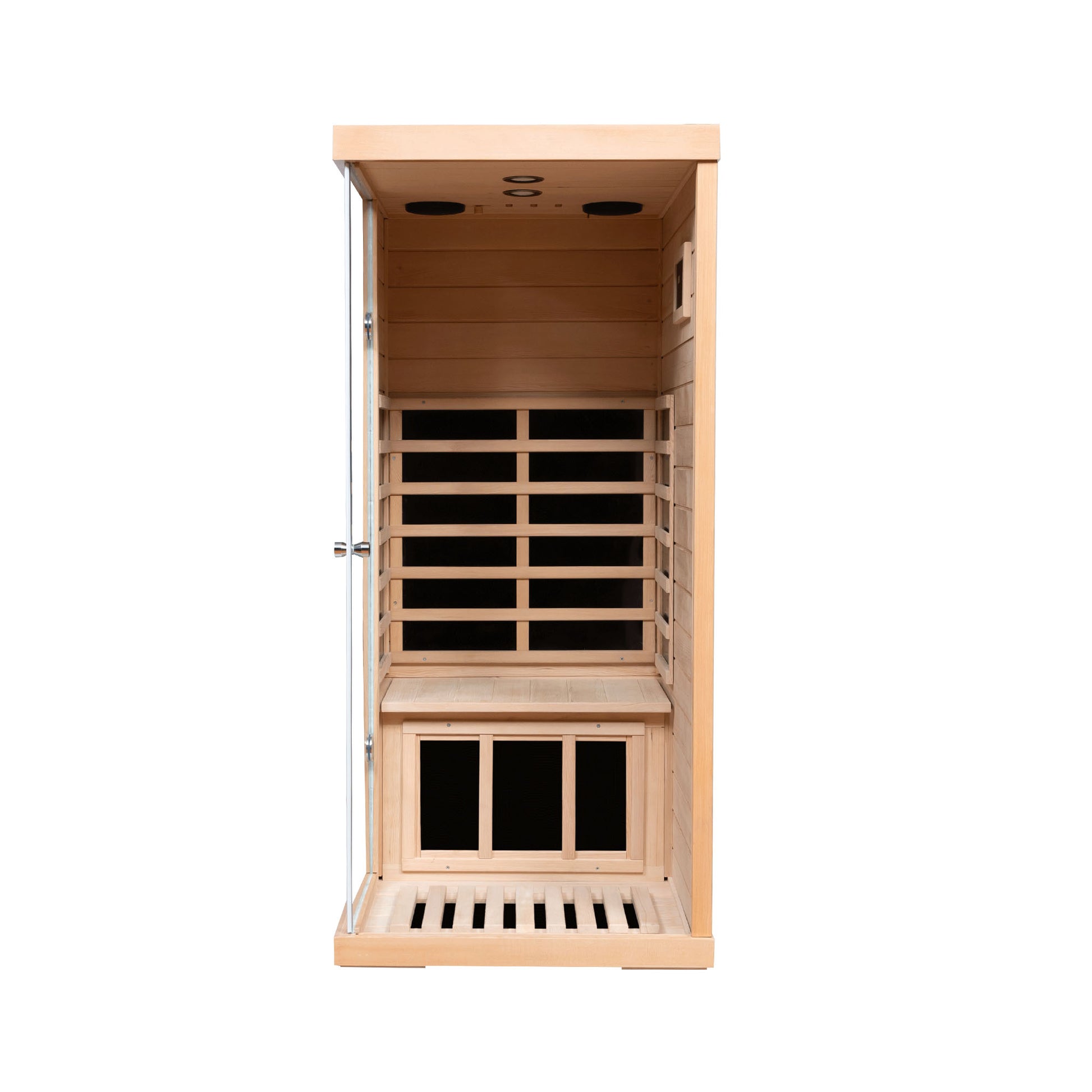 Minimalist wooden infrared sauna cabinet with glass door and bench