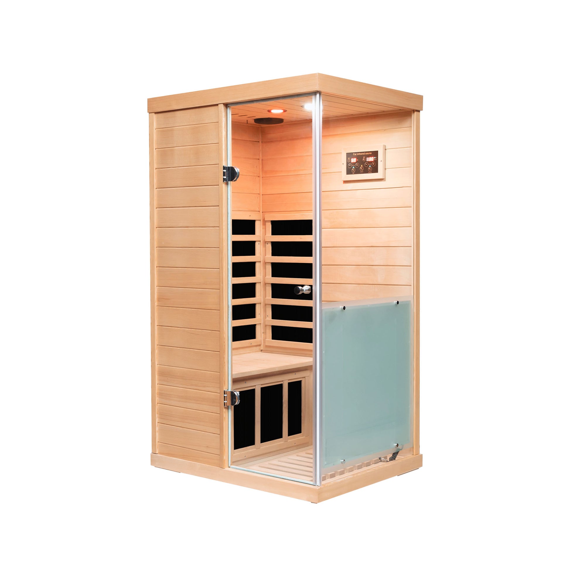 Natural wood oneperson infrared sauna with glass door and digital controls