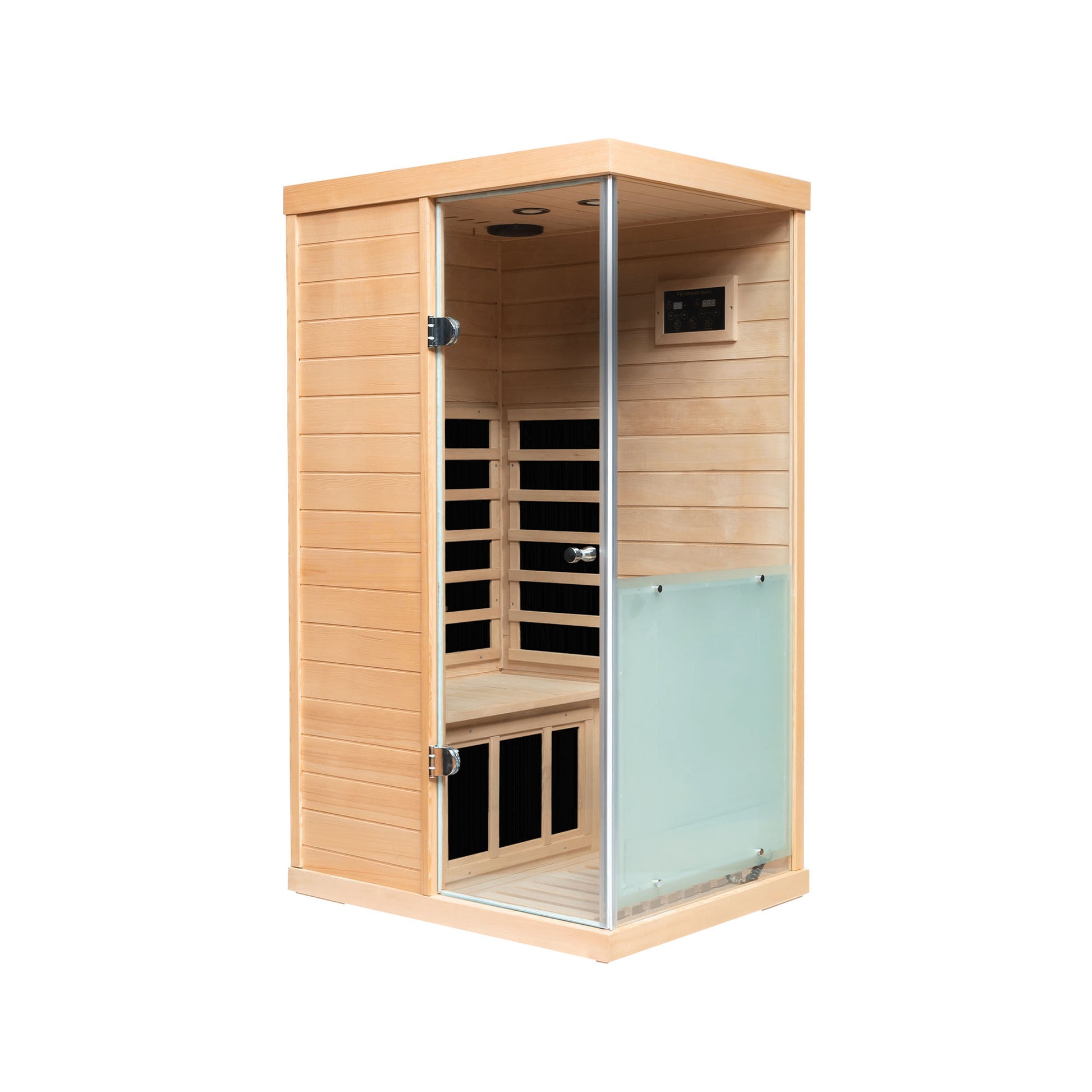 Modern oneperson infrared sauna cabin with natural wood exterior and glass door