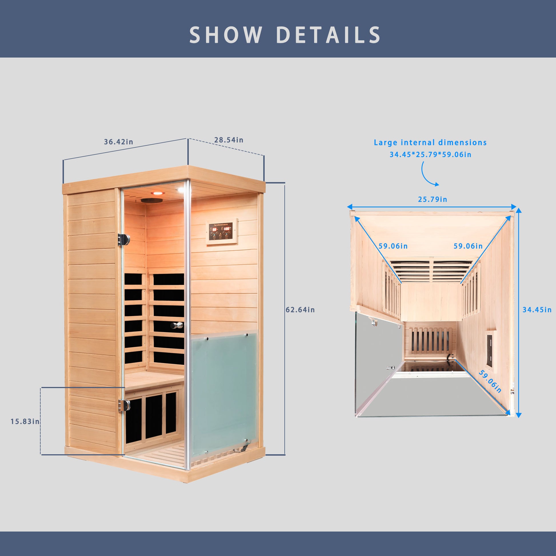 Wooden infrared sauna cabin with glass door and internal seating in width