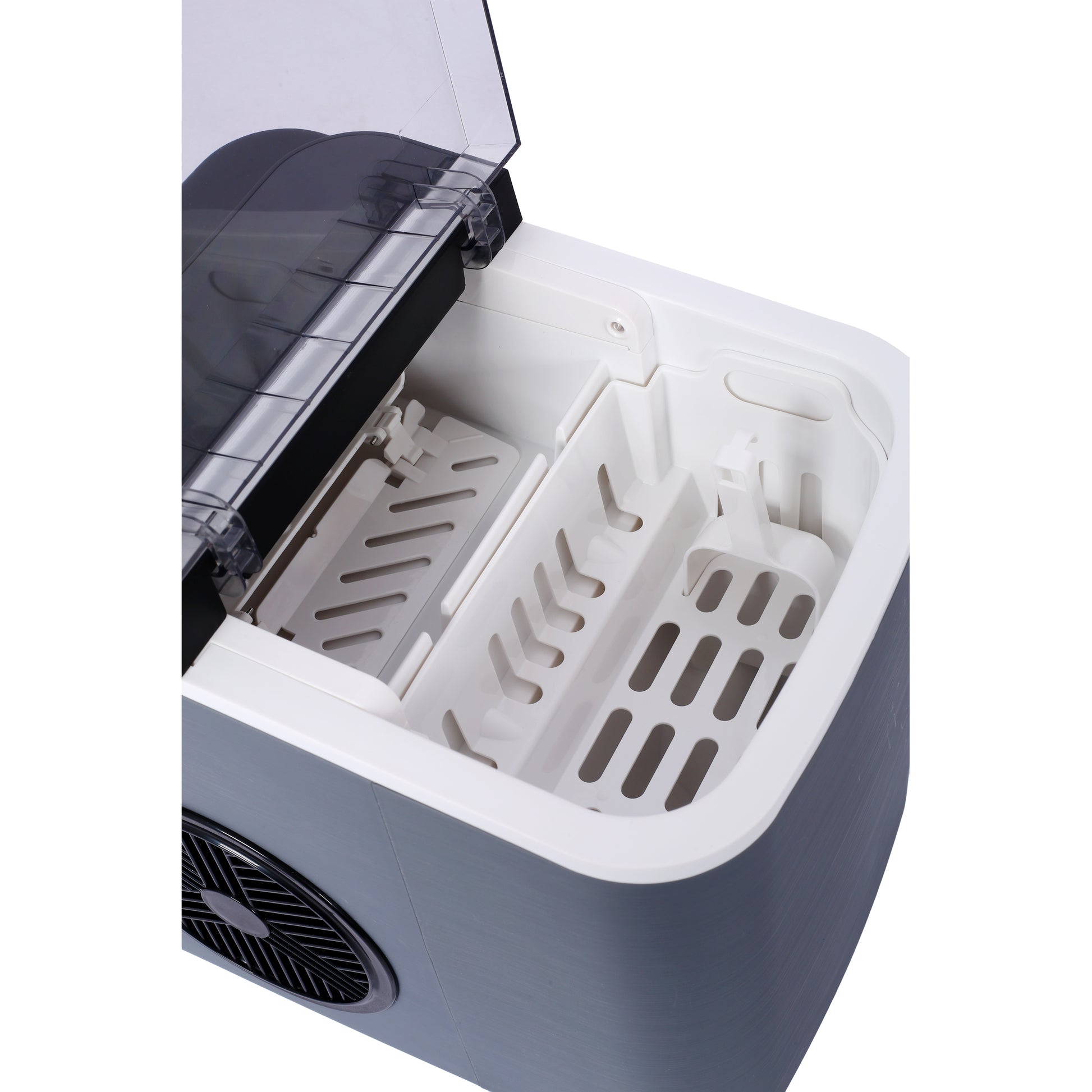 Modern gray ice maker with open lid revealing white ice basket and compartments
