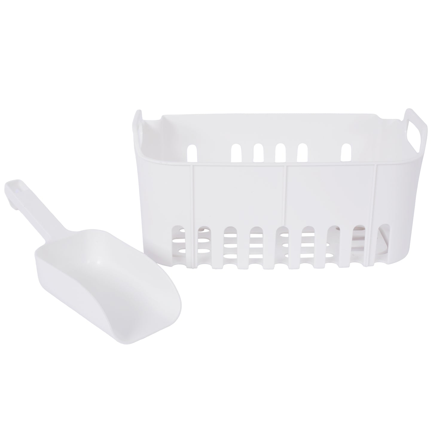 White plastic ice bucket with a matching scoop ideal for parties and gatherings
