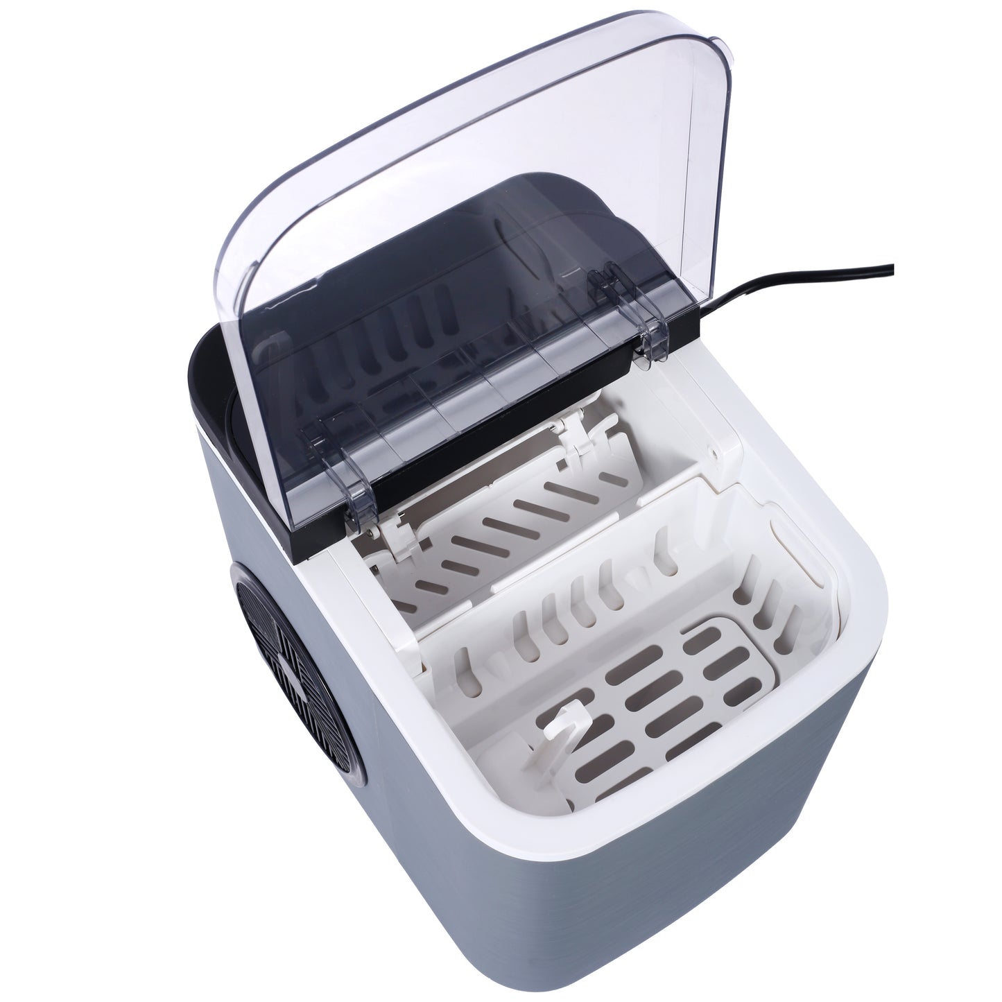 Gray ultrasonic cleaner with dual cleaning baskets and clear lid open