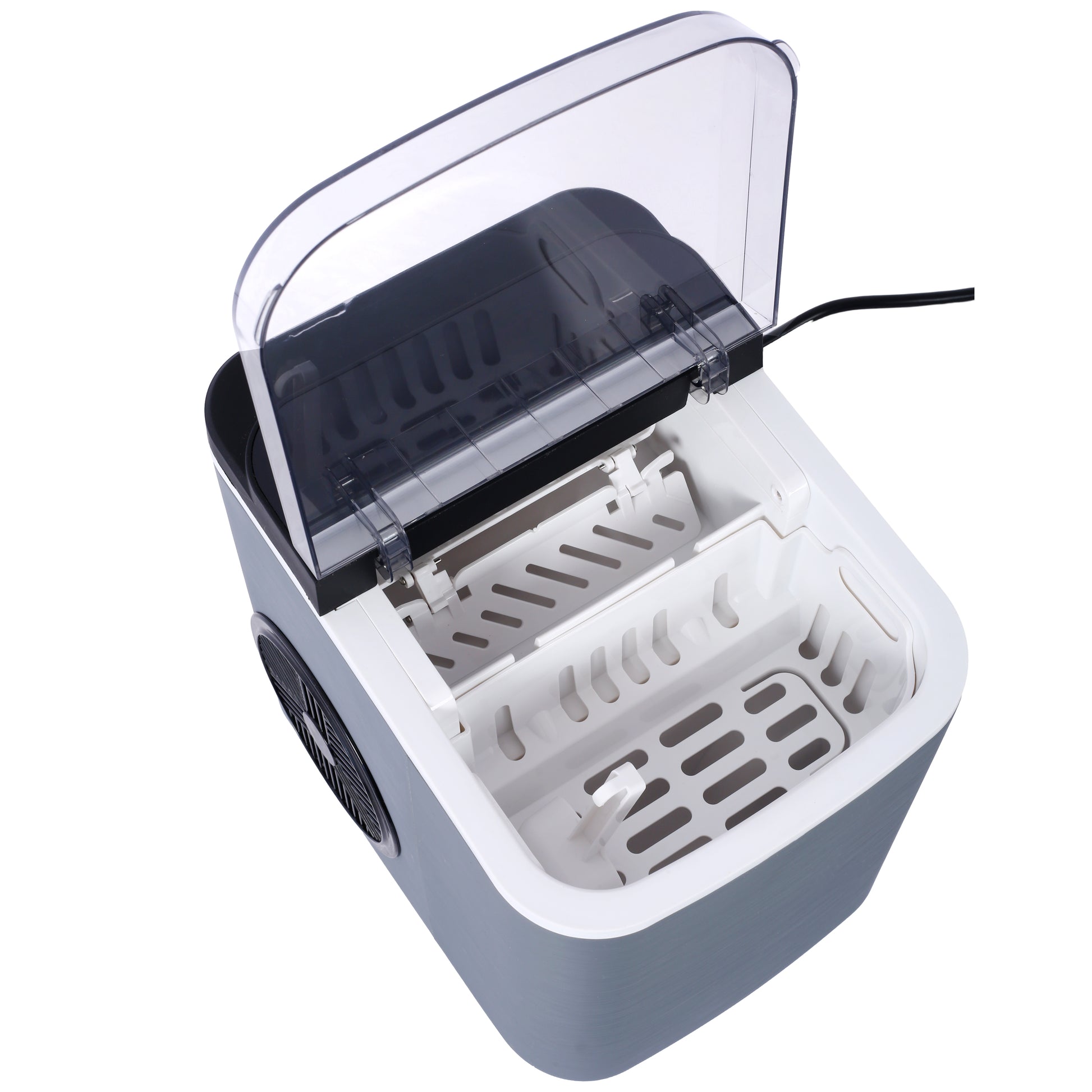 Gray ultrasonic cleaner with dual cleaning baskets and clear lid open