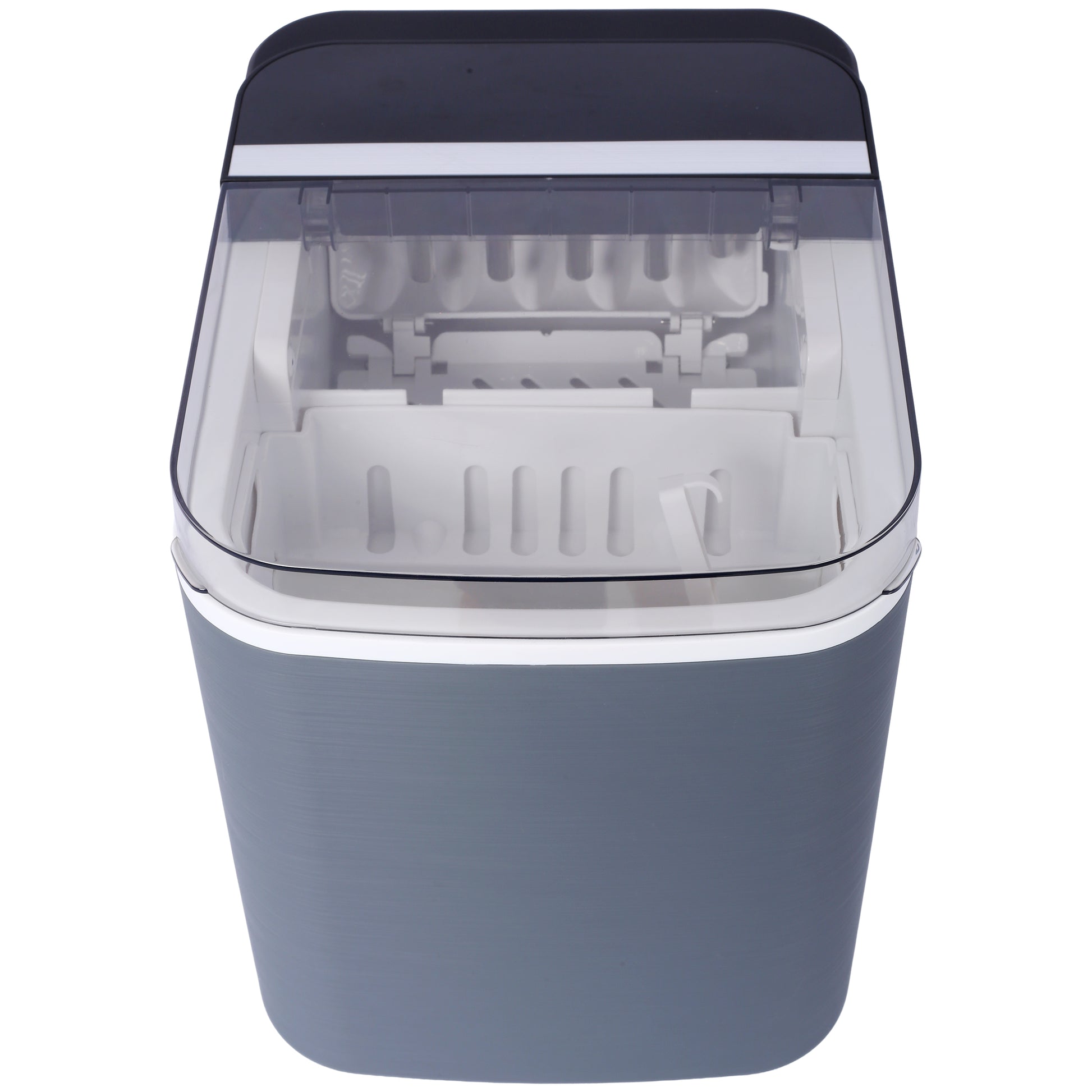Compact grey countertop ice maker with clear lid showing ice molds and scoop