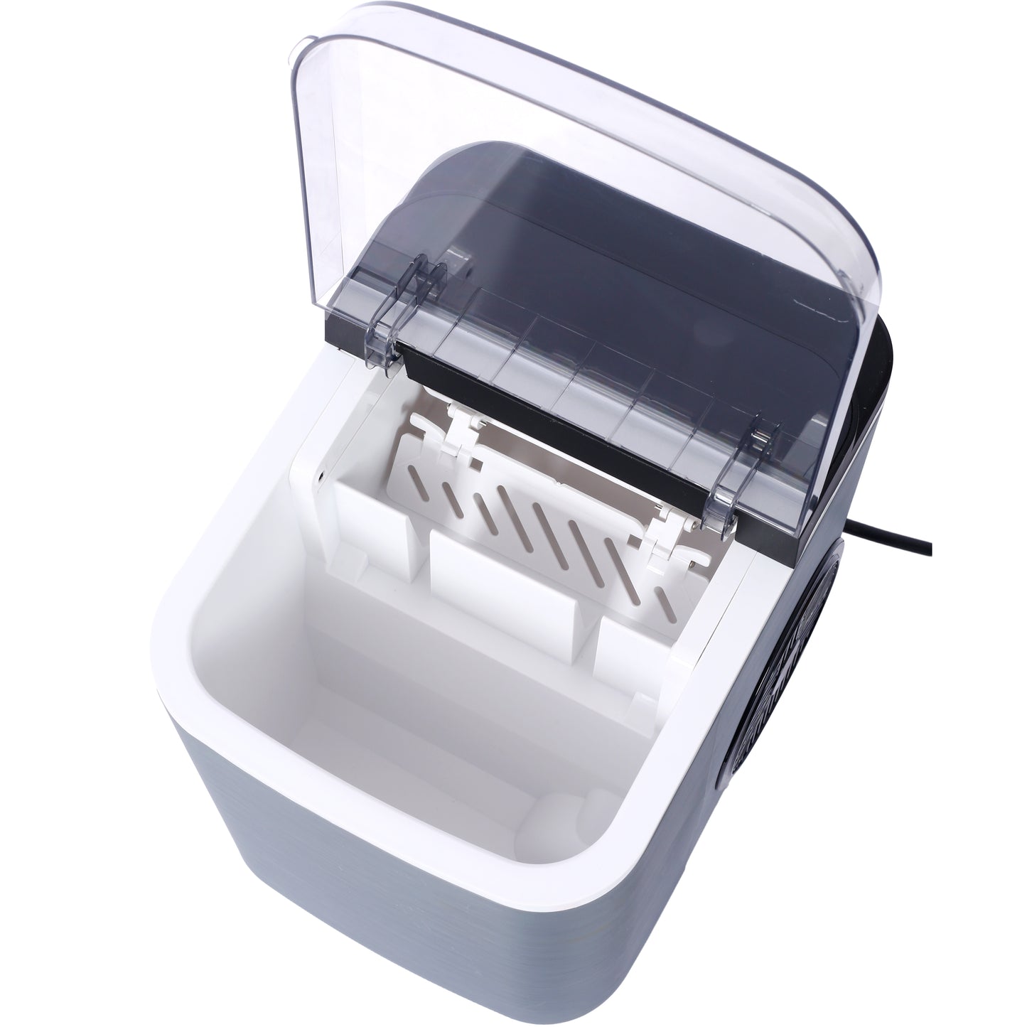 Grey and white portable ice maker with clear lid open