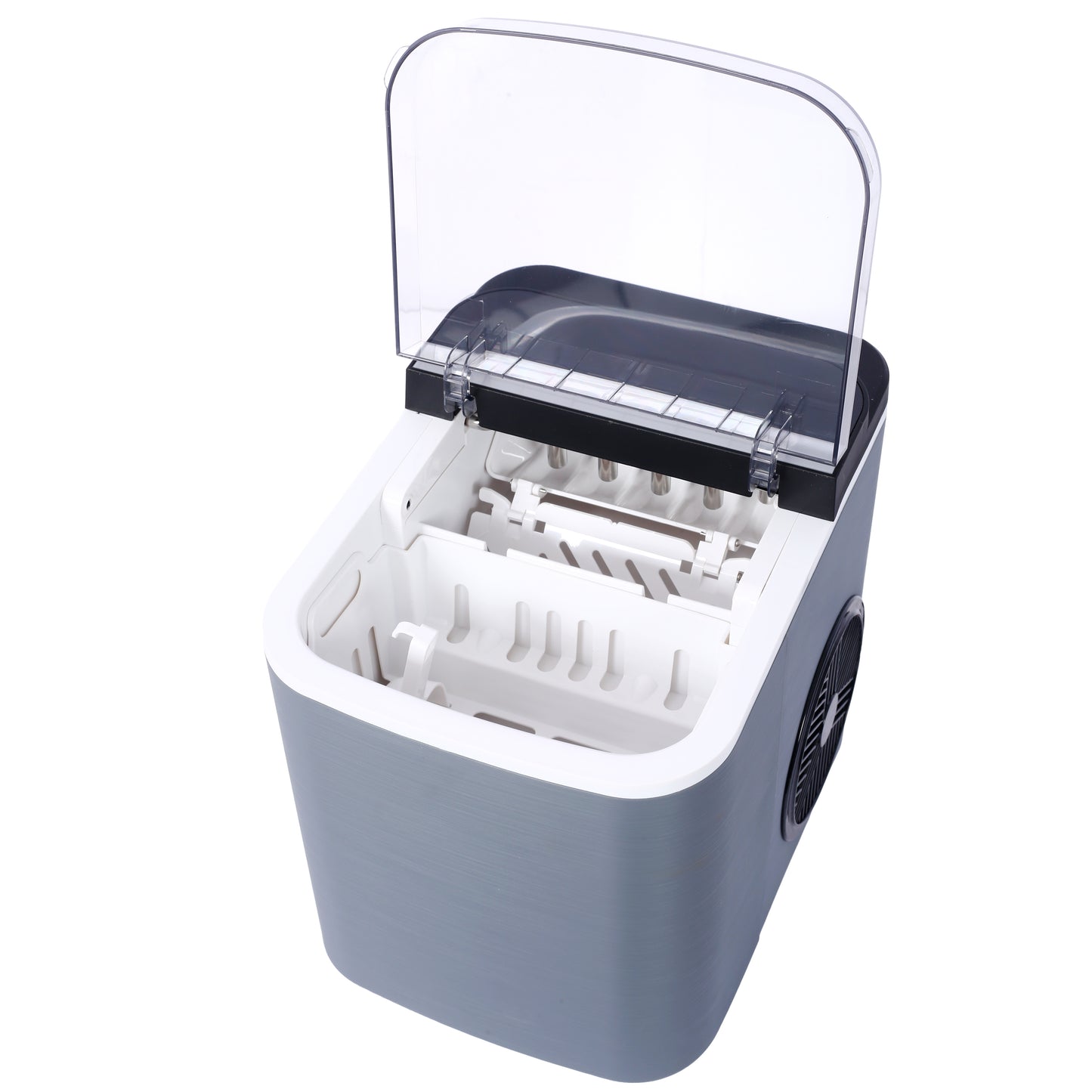 Gray and white portable ice maker with transparent lid open showing ice molds