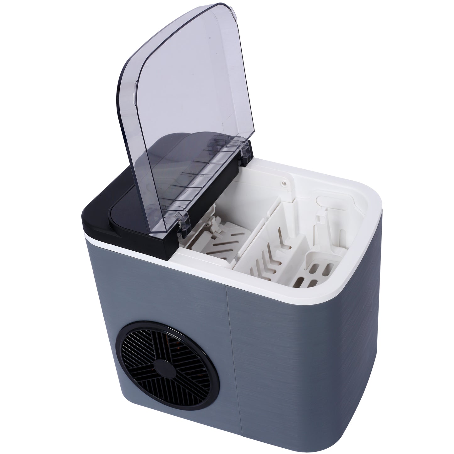 Gray portable ice maker with transparent lid open ready to use