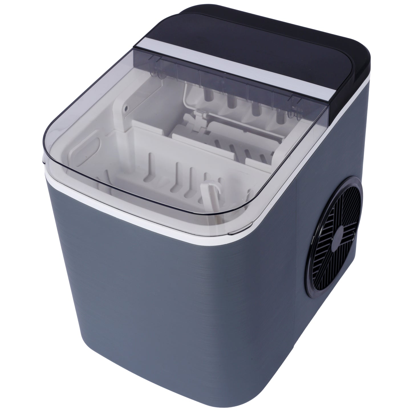 Compact countertop ice maker with clear lid and gray finish perfect for home bars