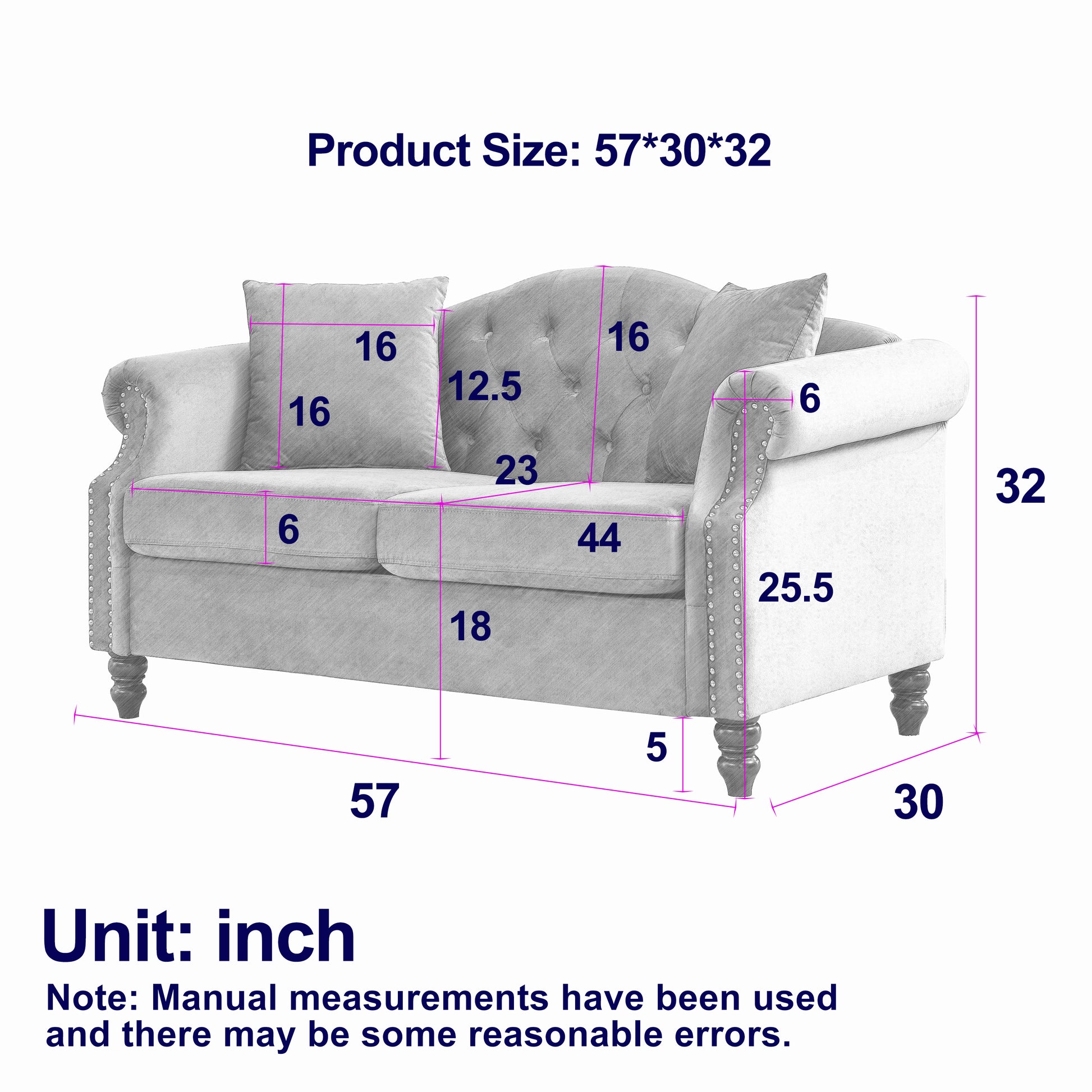 Tufted grey fabric loveseat sofa with studded arms and rolled accents W x D x H