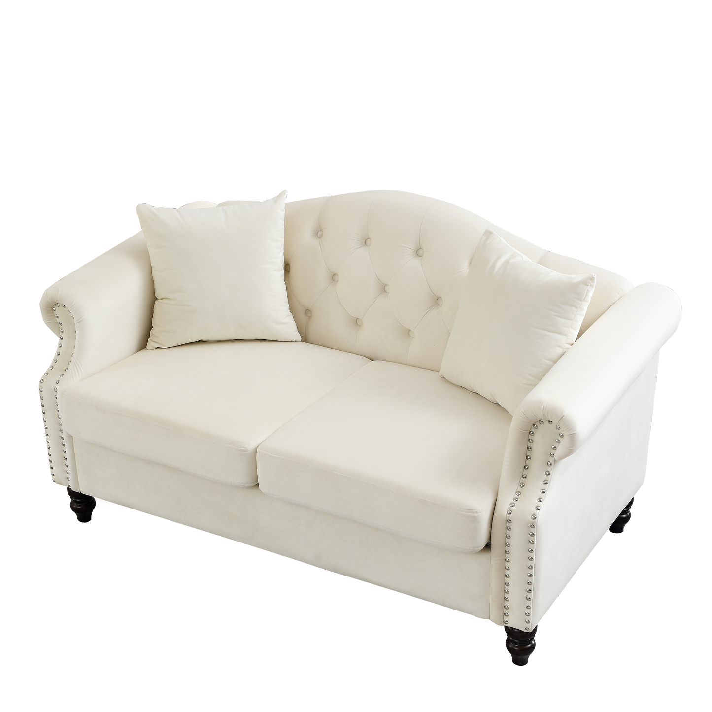 Cream velvet loveseat with tufted back and silver nailhead trim details
