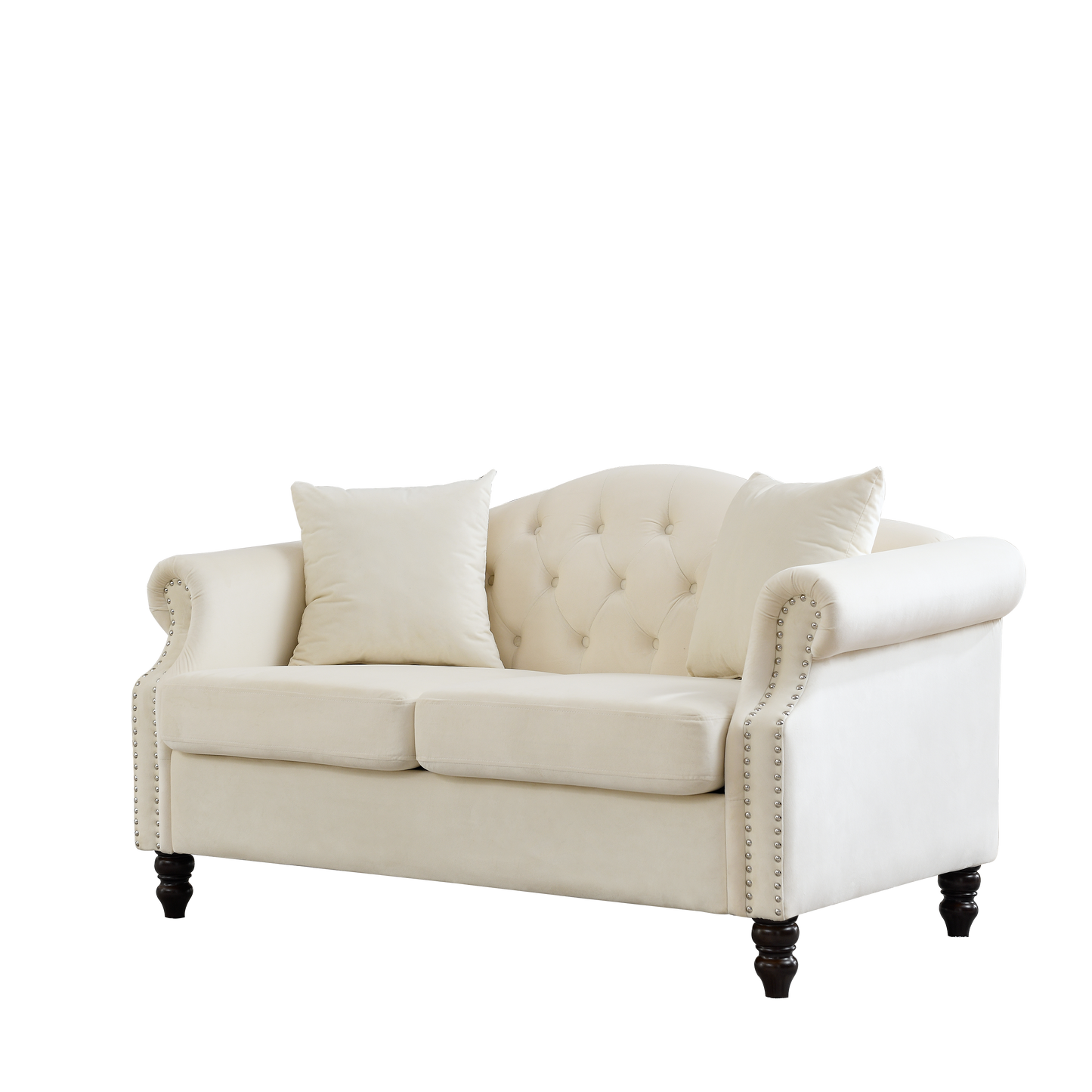 Cream velvet loveseat with diamond tufting and silver nailhead trim