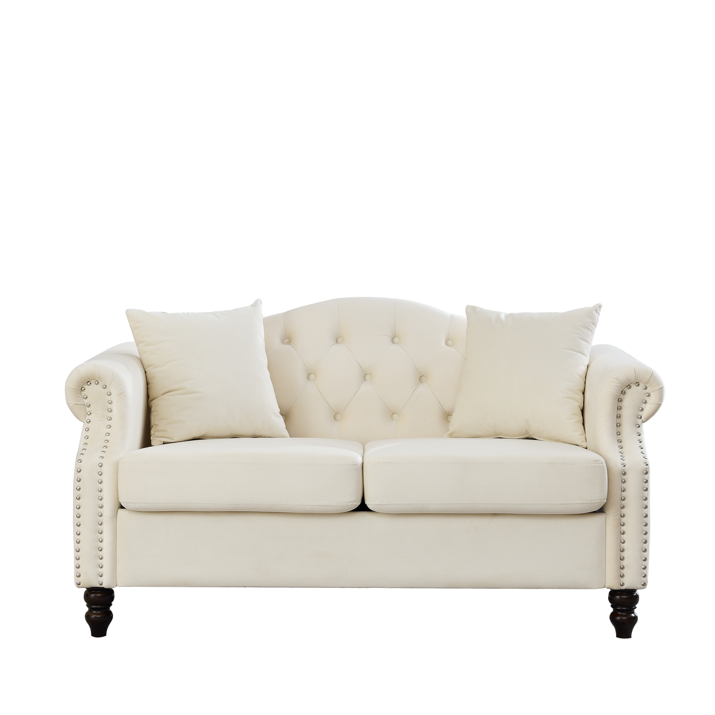 Elegant cream velvet loveseat with tufted back studded arms and dark wood legs