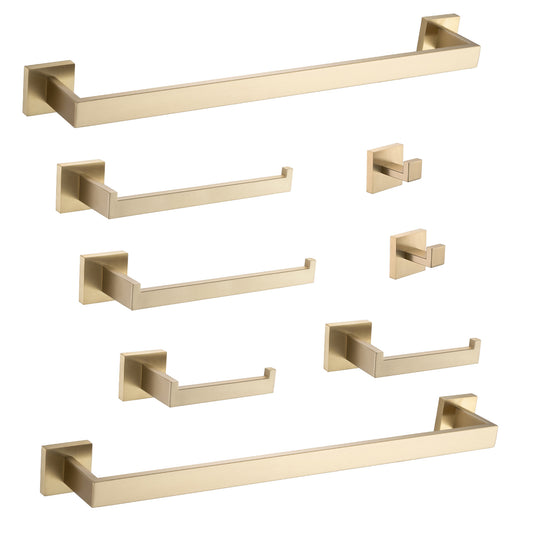 Set of five brushed gold bathroom hardware pieces two towel bars two toilet paper holders and two robe hooks