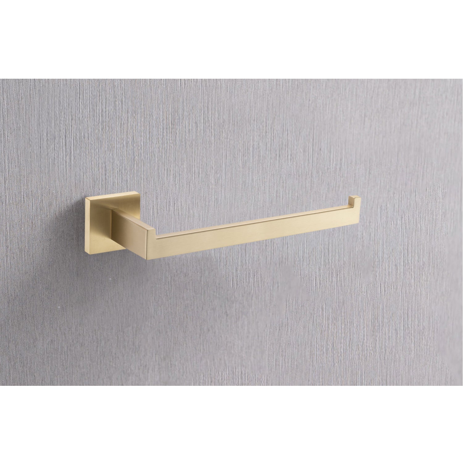 Modern brass toilet paper holder with a square base and brushed finish