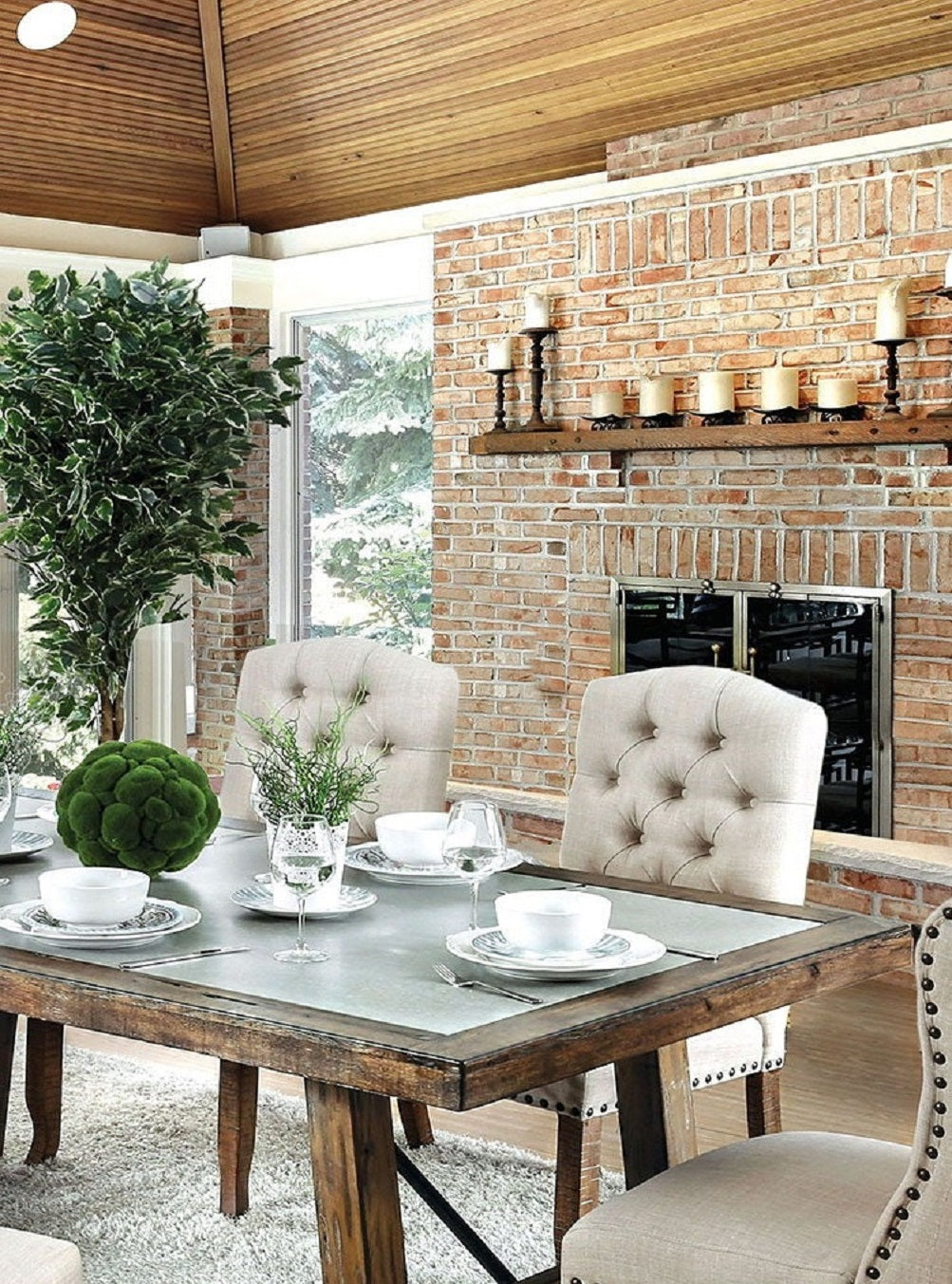 Tufted linen dining chair in neutral beige with dark wood legs