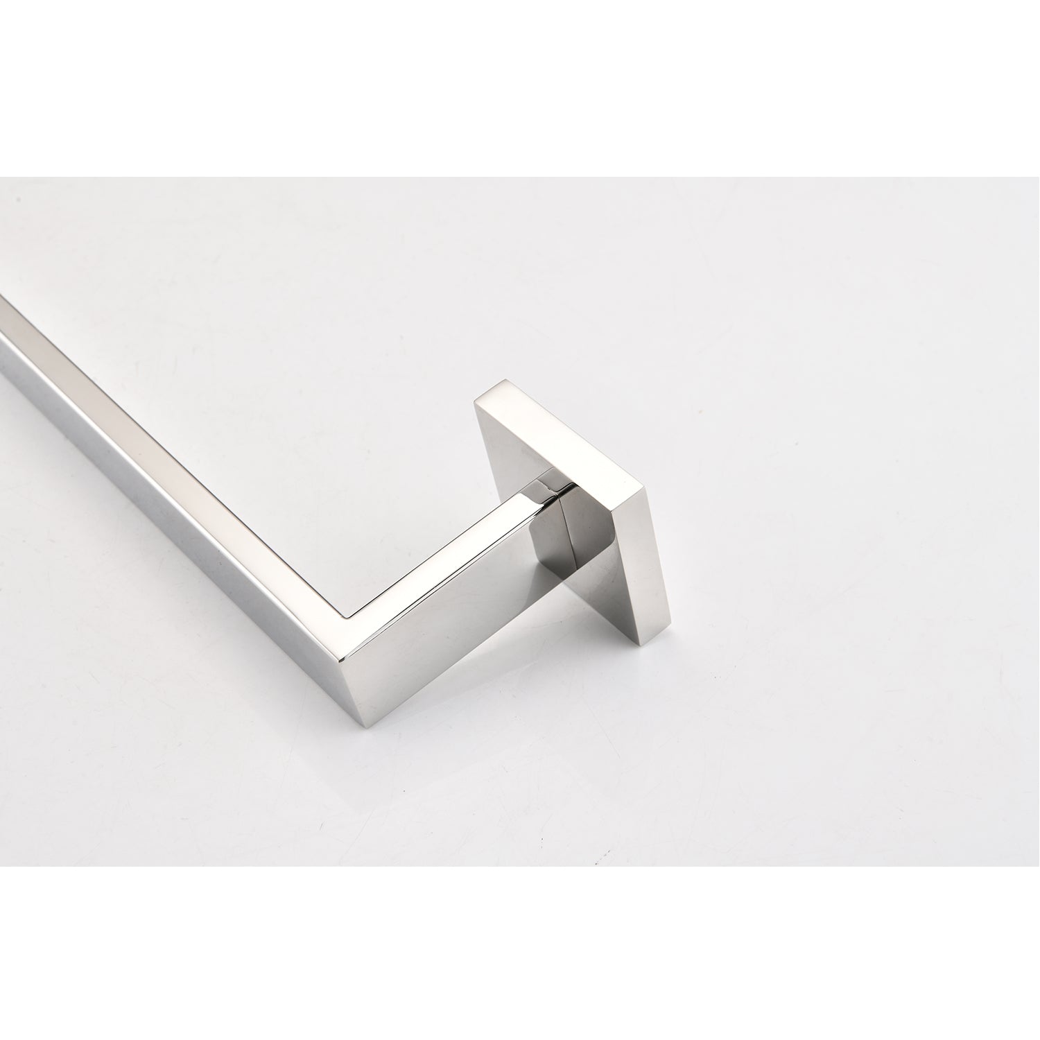 Sleek brushed nickel towel bar with modern square base for bathroom organization