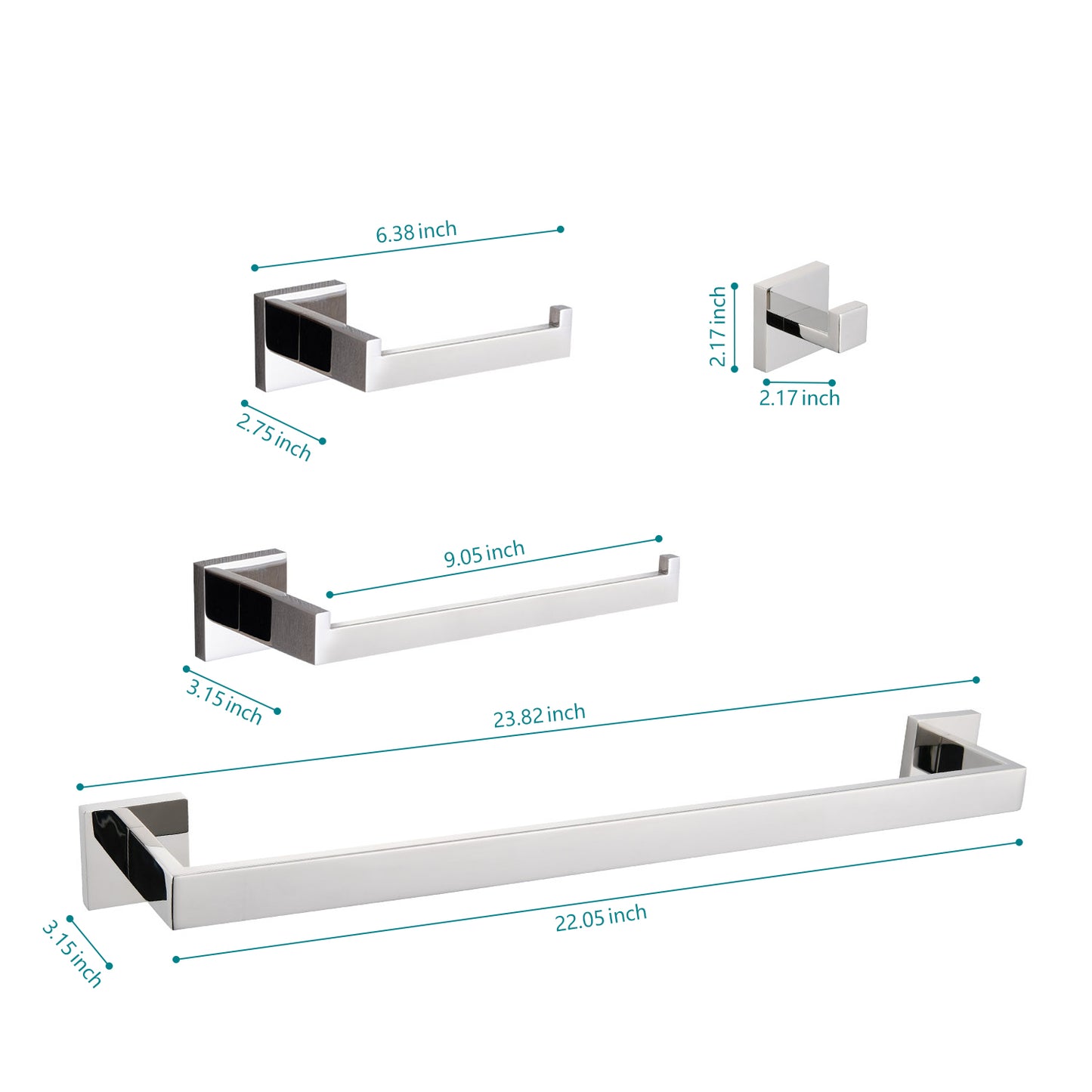 Set of modern chrome bathroom fixtures toilet paper holder towel bar and robe hook