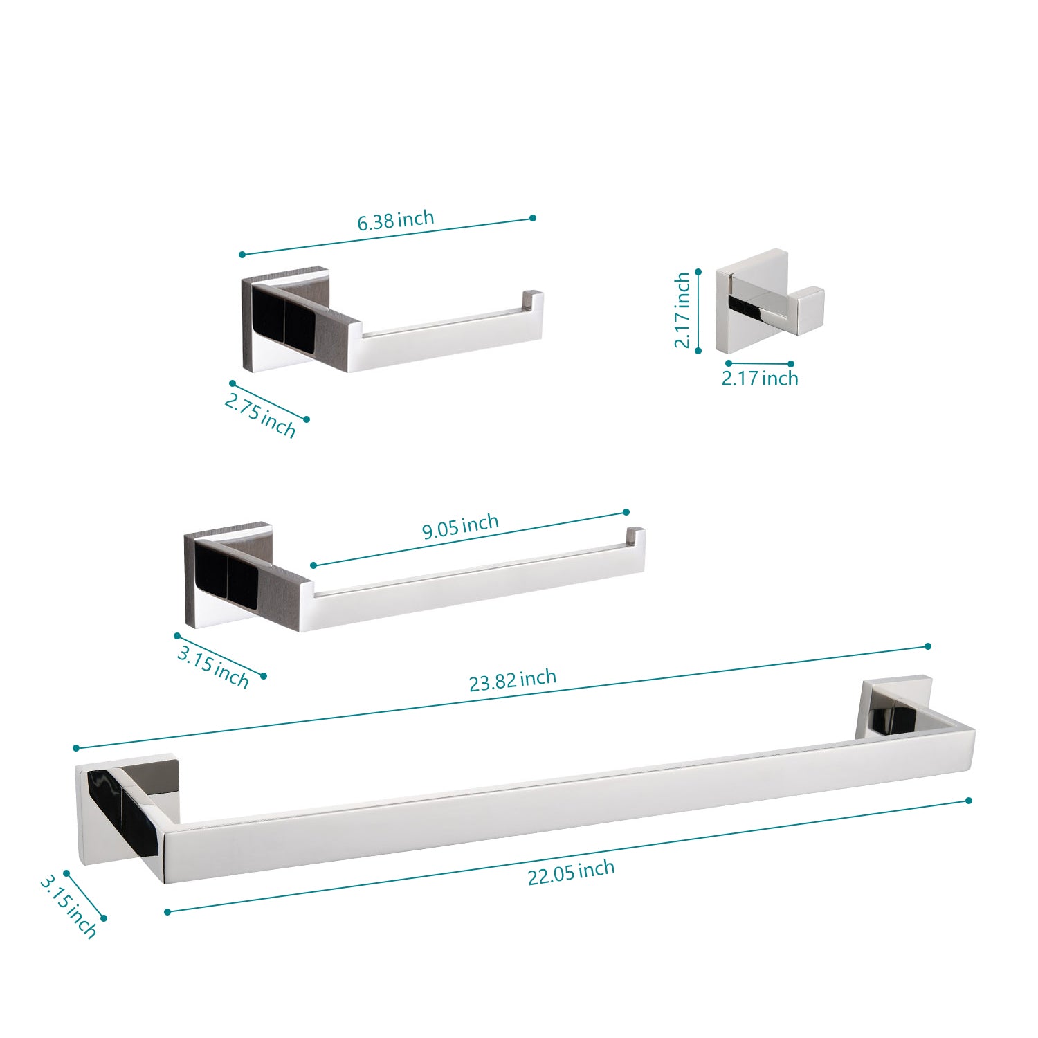 Set of modern chrome bathroom fixtures toilet paper holder towel bar and robe hook