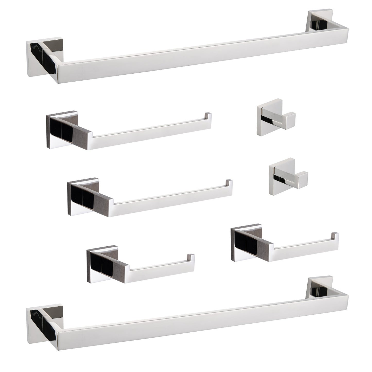 Polished chrome bathroom hardware set featuring two towel bars and four toilet paper holders