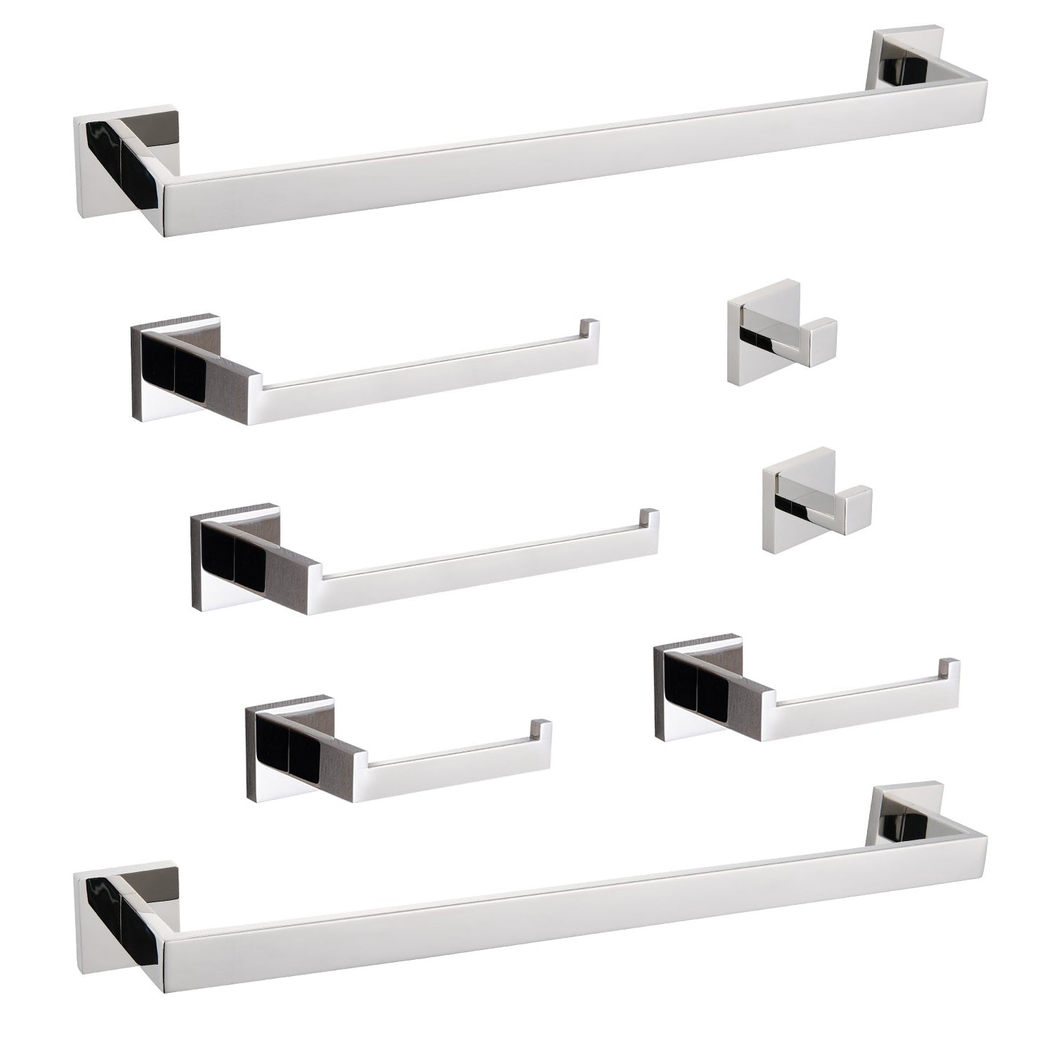 Polished chrome bathroom hardware set featuring two towel bars and four toilet paper holders