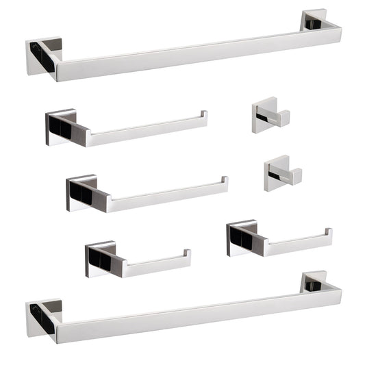 Polished chrome bathroom hardware set featuring two towel bars and four toilet paper holders