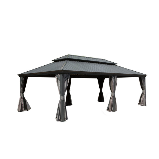 Dark gray metal roof gazebo with flowing charcoal gray curtains for outdoor patio spaces