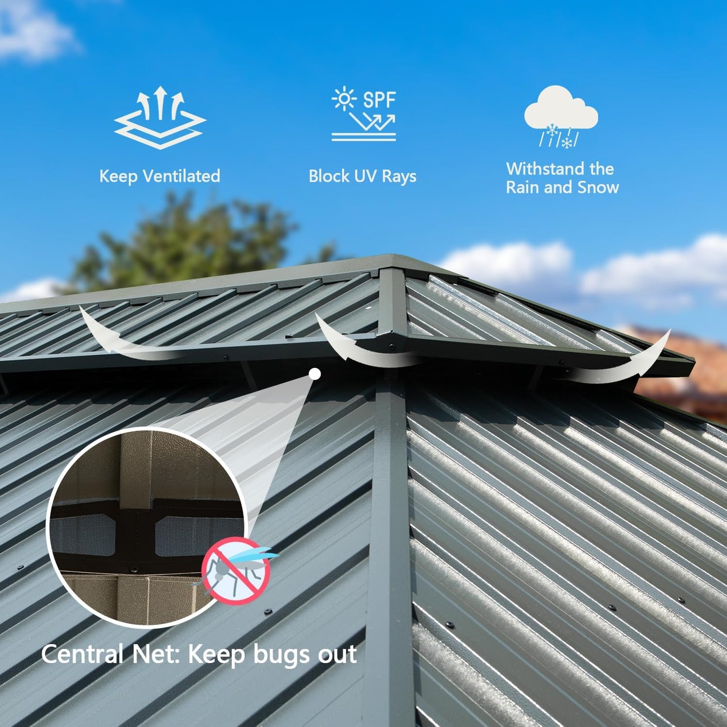 Dark grey metal gazebo roof with ventilation UV protection and rainsnow resistance