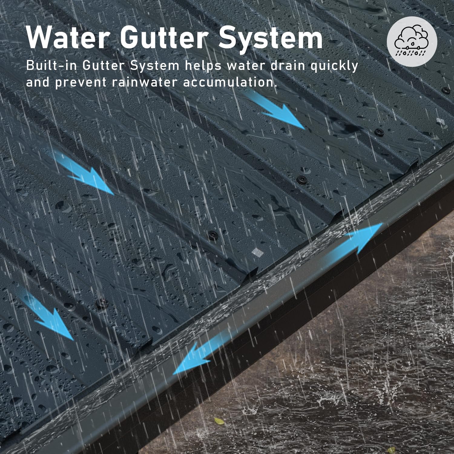 Dark grey metal roof with builtin gutter system directing rainwater away