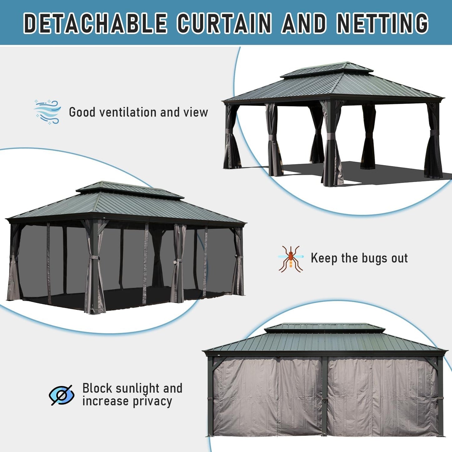 Dark gray gazebo with open curtains and netting offering ventilation and views