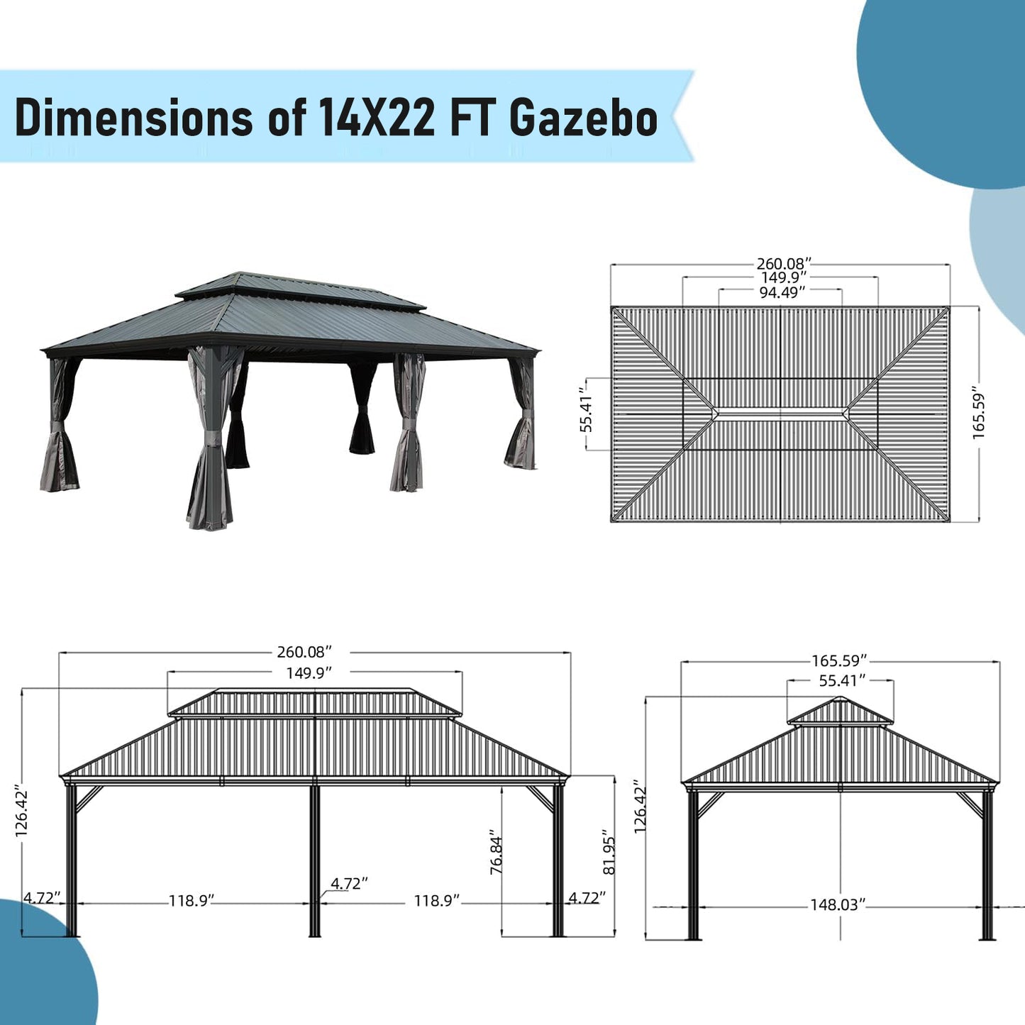 Diagram showing dimensions of a x ft dark grey metal gazebo with curtains