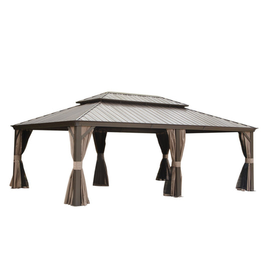 Durable metal patio gazebo with dualtiered roof and adjustable privacy curtains