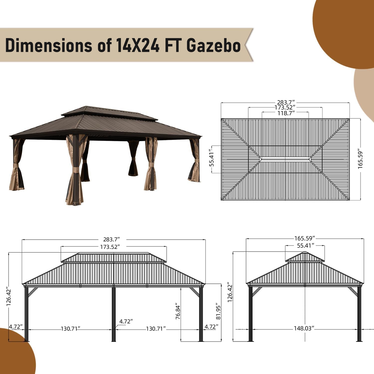 Diagram showing x ft gazebo dimensions including height width and depth measurements