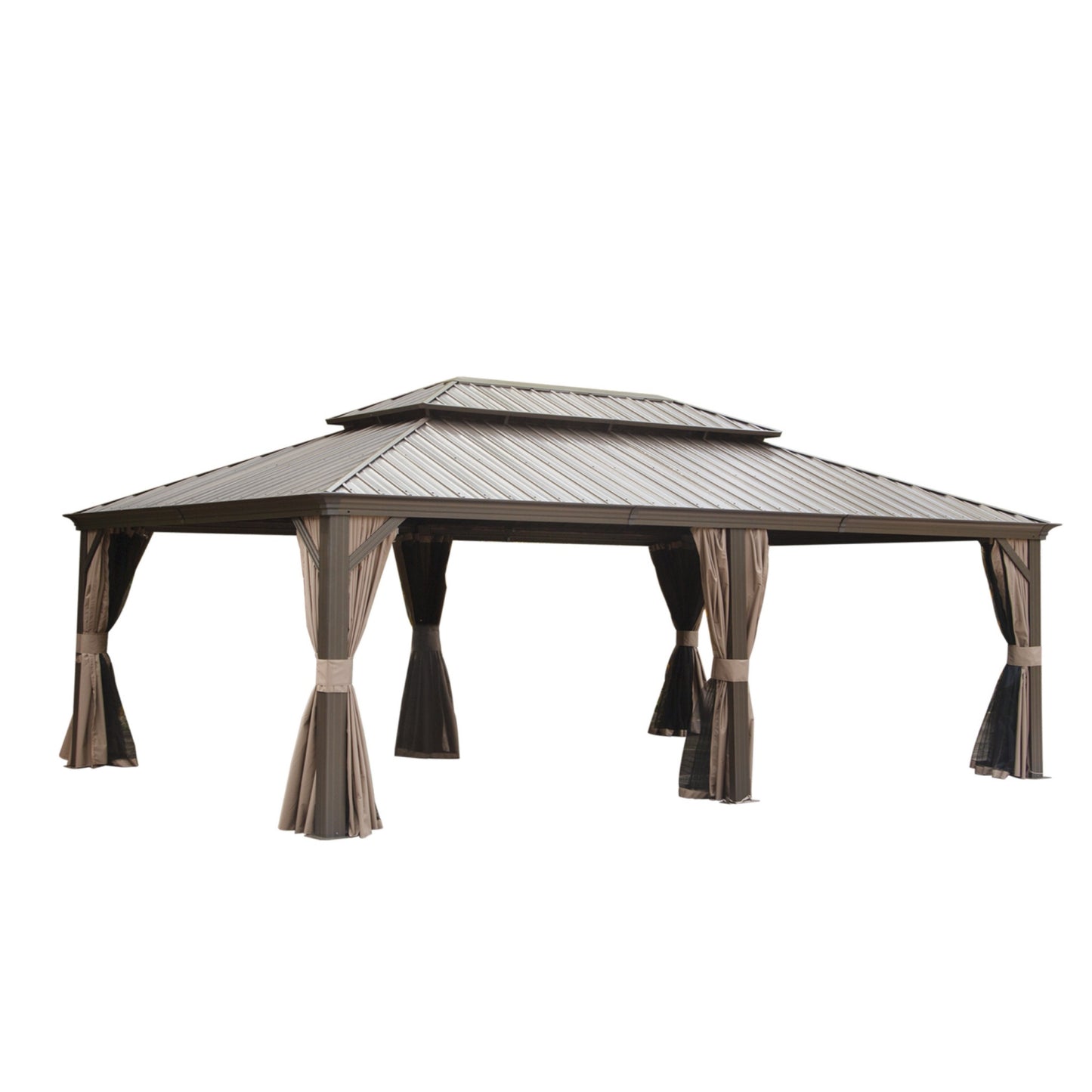 Bronze metal gazebo with dualtier roof and draped curtains for outdoor patios
