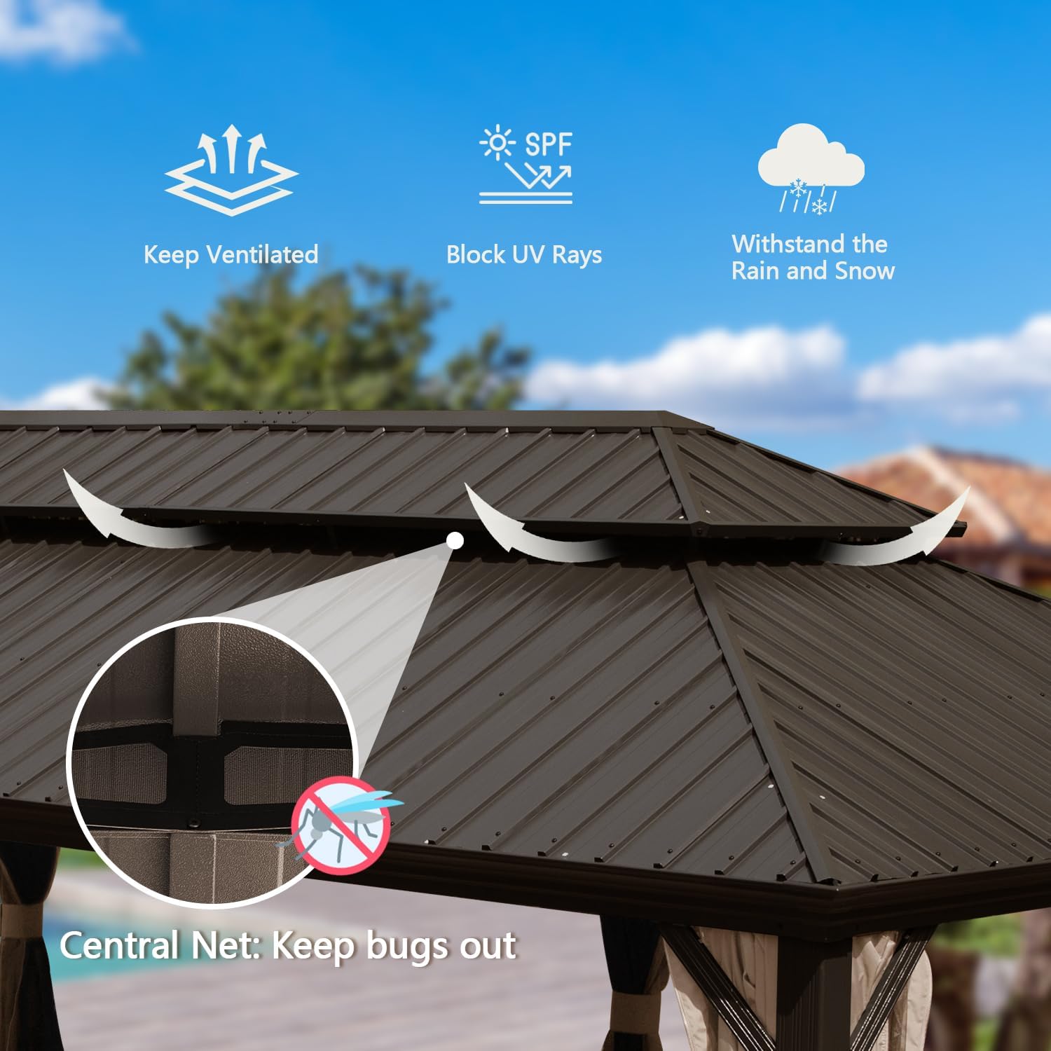 Brown metal gazebo roof with ventilation UV protection and bug netting