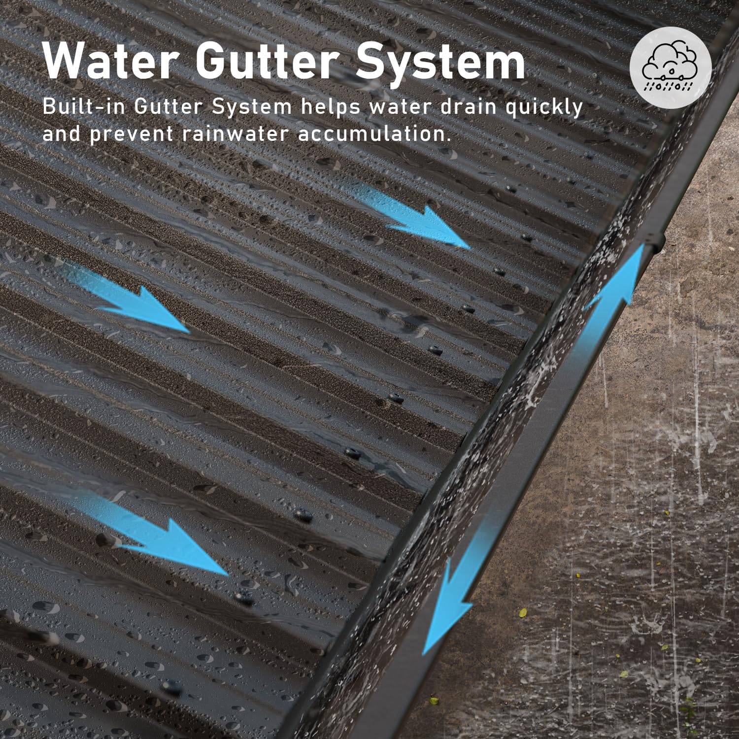 Dark gray corrugated metal roof with a builtin gutter system directing rainwater downward