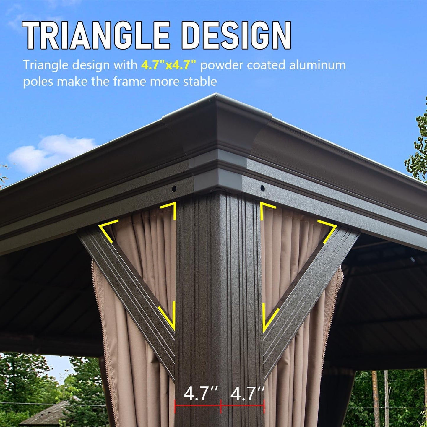 Dark brown gazebo frame features a stable triangle design with  aluminum poles