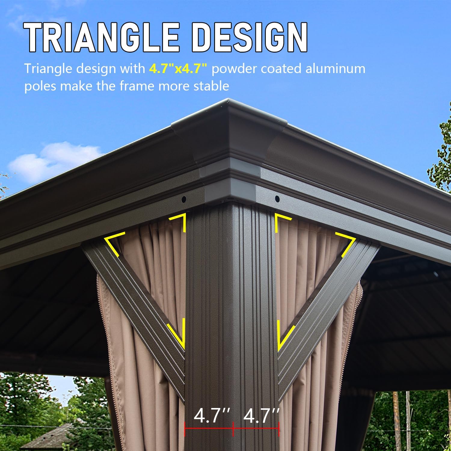 Dark brown gazebo frame features a stable triangle design with  aluminum poles