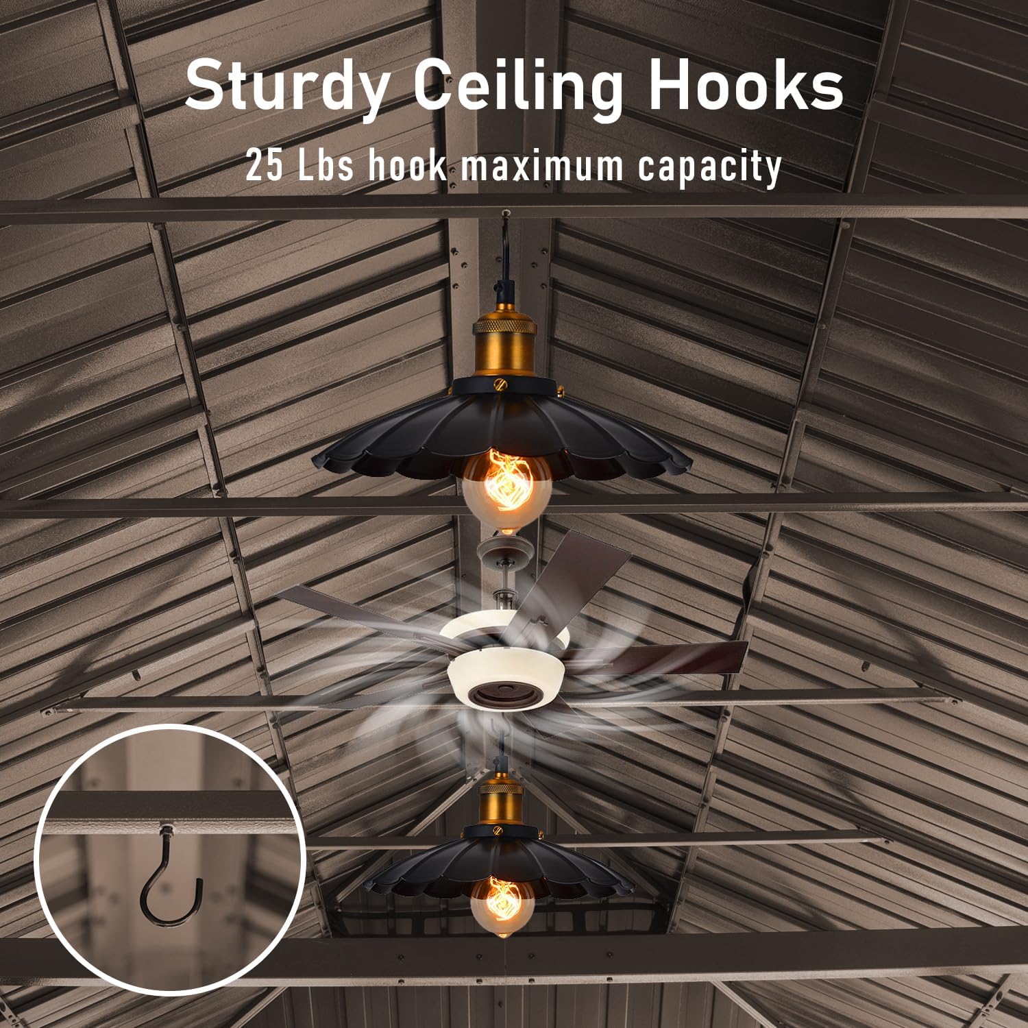 Sturdy ceiling hooks made of metal designed for hanging lights and fans up to  lbs