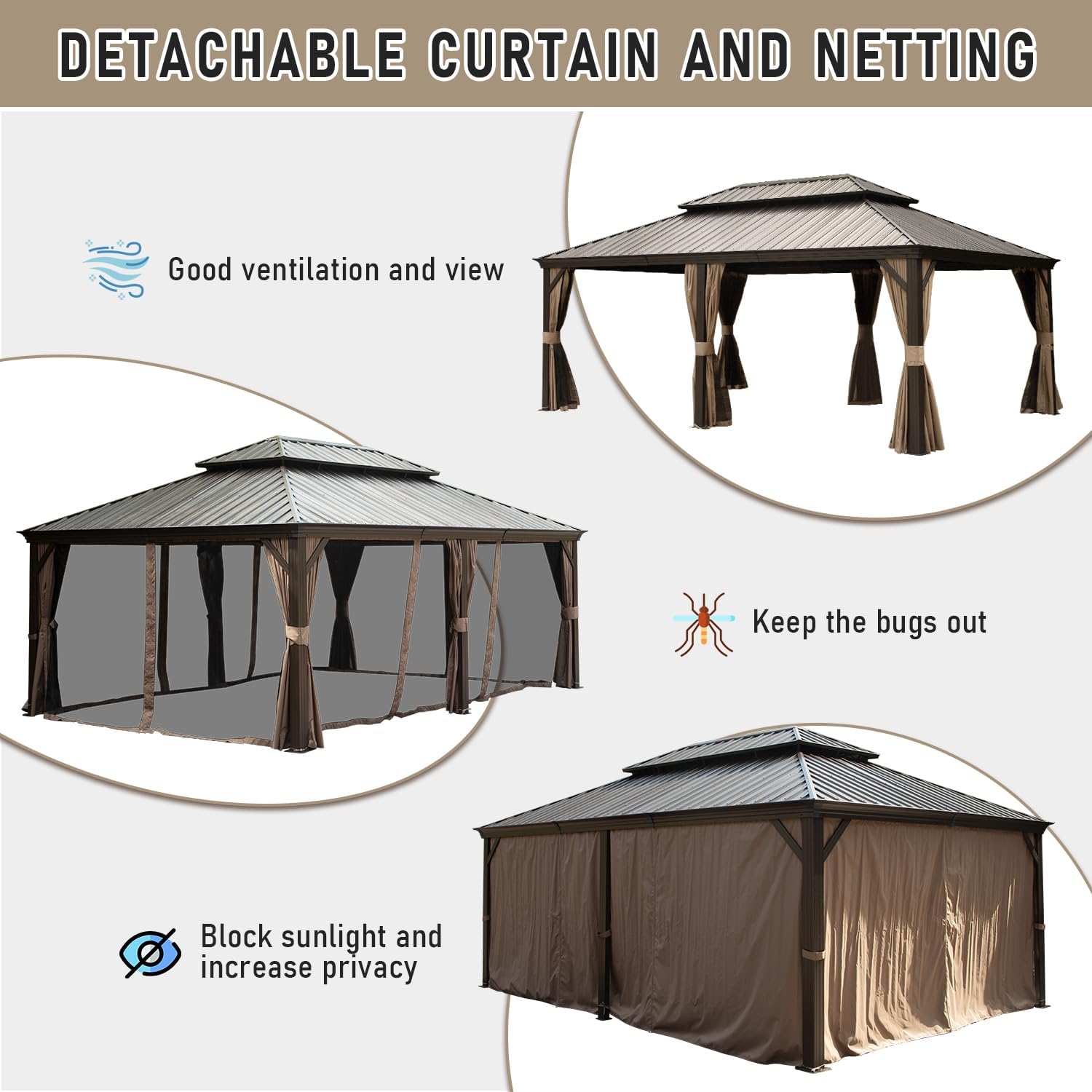 Brown metal gazebo with dark brown detachable curtains for shade and privacy