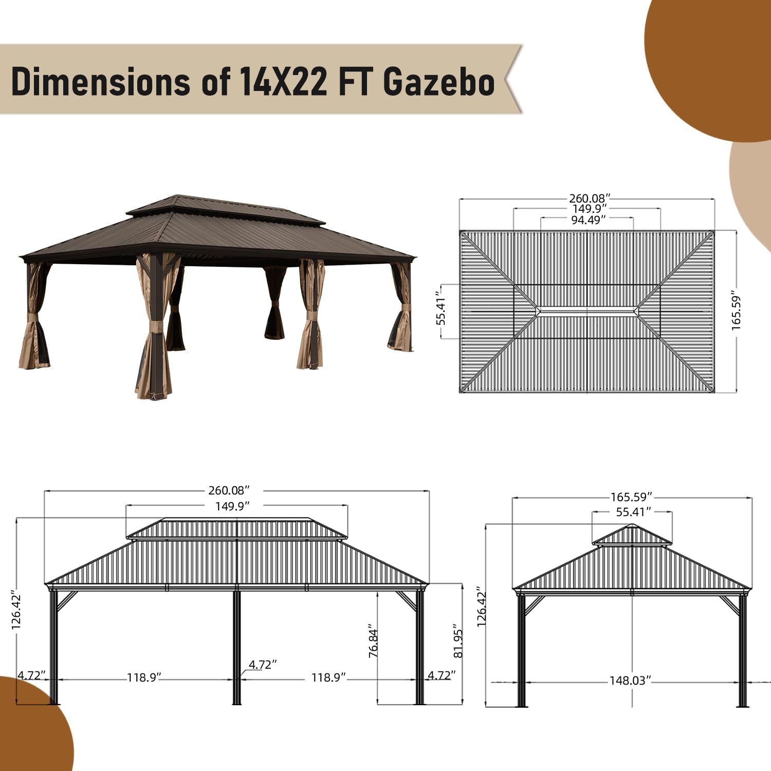 Diagram of x ft gazebo dimensions showing roof height and frame measurements