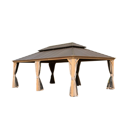 Brown metal roof gazebo with tan privacy curtains and wooden posts