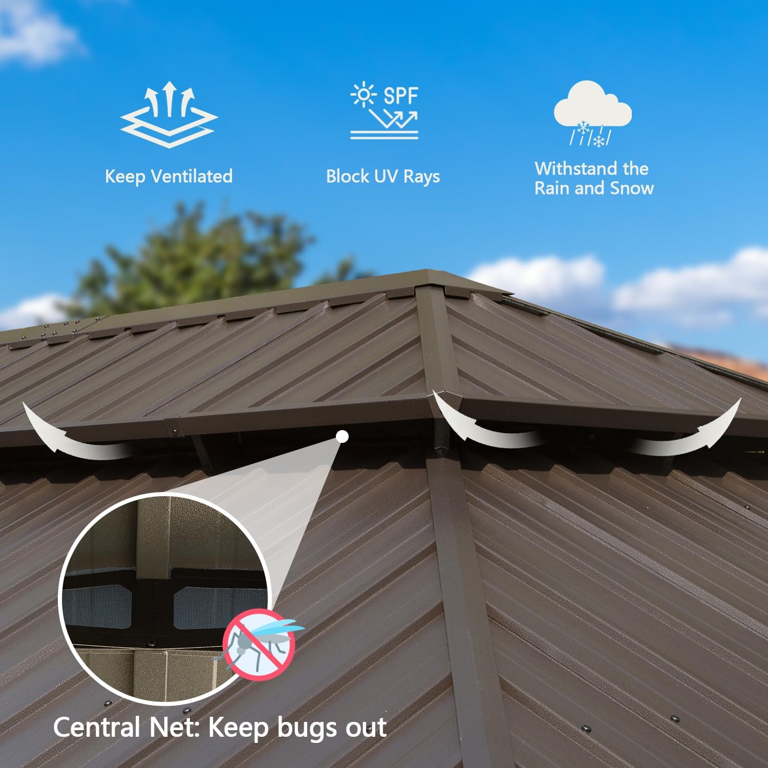 Brown metal gazebo roof designed to keep ventilated block UV rays and withstand rain