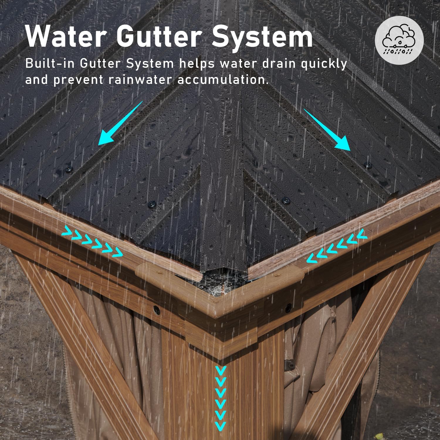 Dark grey metal roof with integrated water gutter system guiding rain
